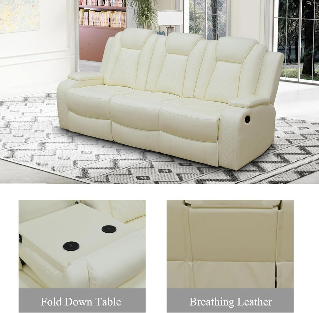 Leather Power Recliner Sofa Set Cream White With USB Port