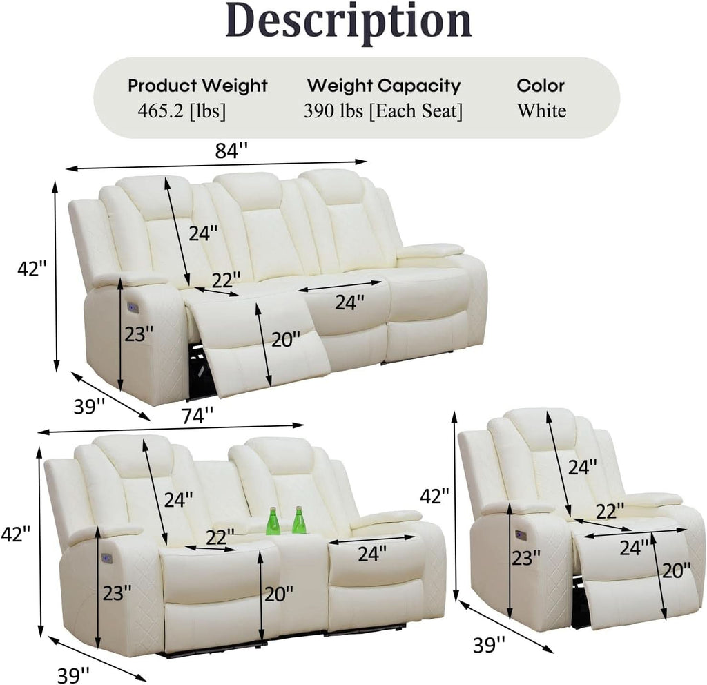 Power Recliner Sofa Set With LED Lights Creamy Finish