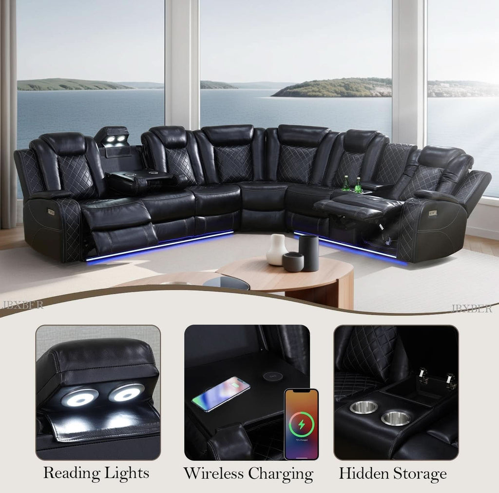 Power Recliner Sectional Sofa Set In Black With Led Lights