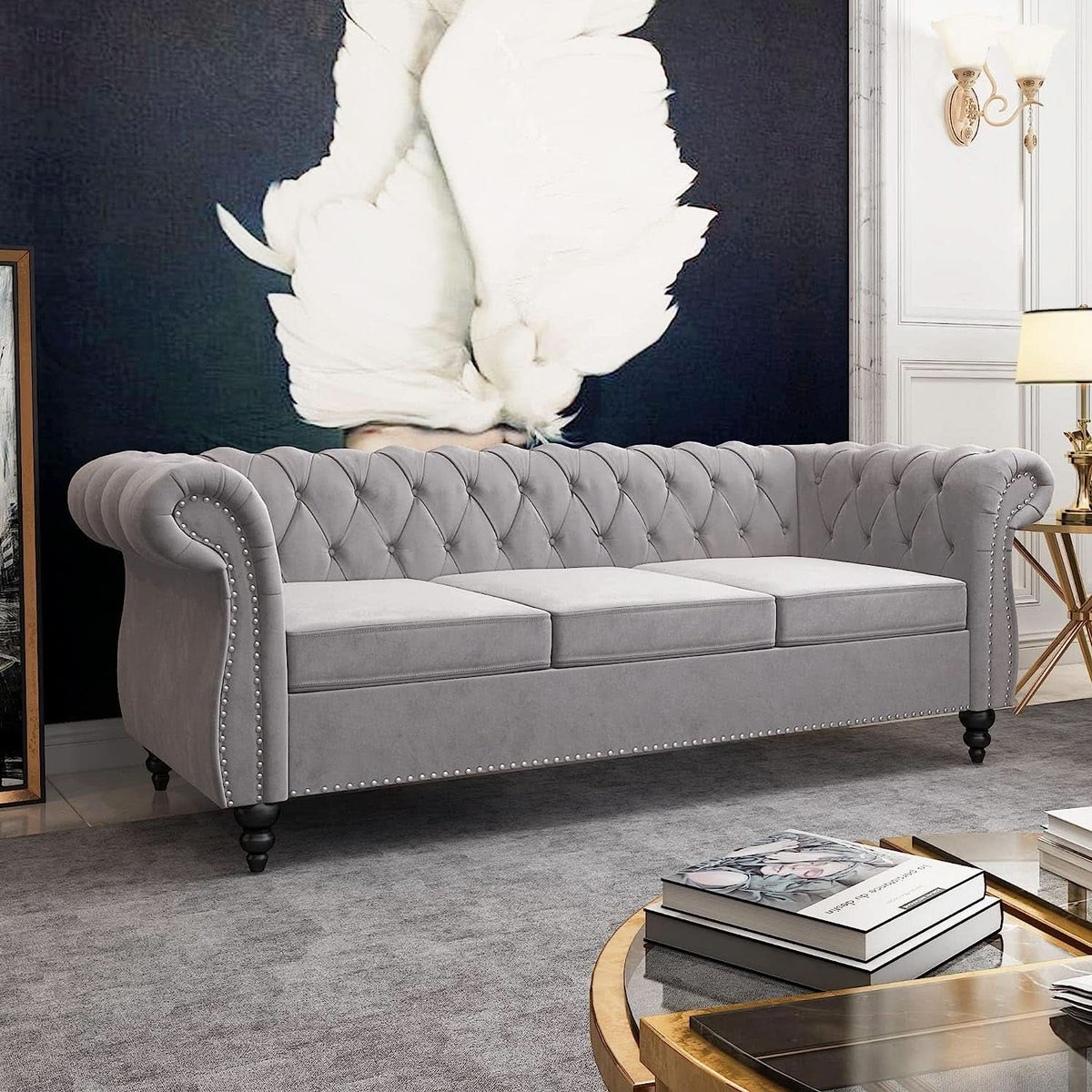 3 Piece Velvet Living Room Set Sectional Chesterfield Sofa Upholstered Loveseat And Chair