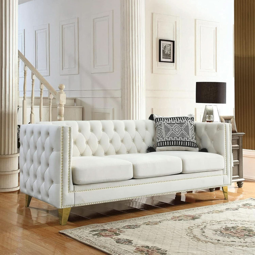 Velvet Beige 80-Inch Sofa Set With 58-Inch Loveseat And Gold Nail Heads