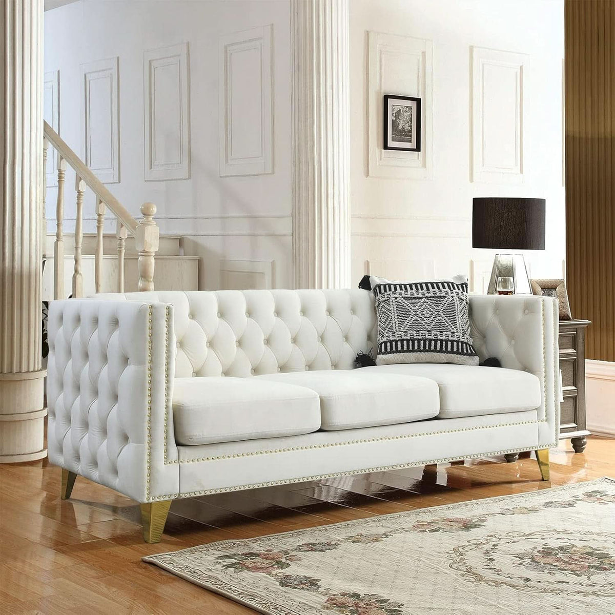 Velvet Beige 80-Inch Sofa Set With 58-Inch Loveseat And Gold Nail Heads