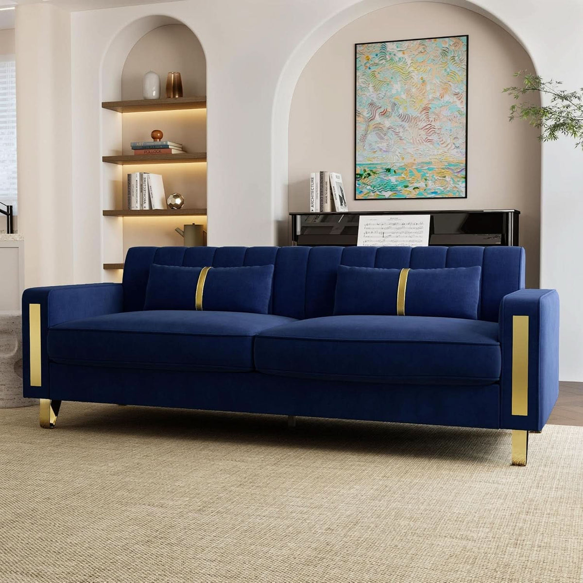 2 Piece Velvet Loveseat Sofa Set For Living Room 86 Inch Blue With Gold Metal Legs And 4 Pillows