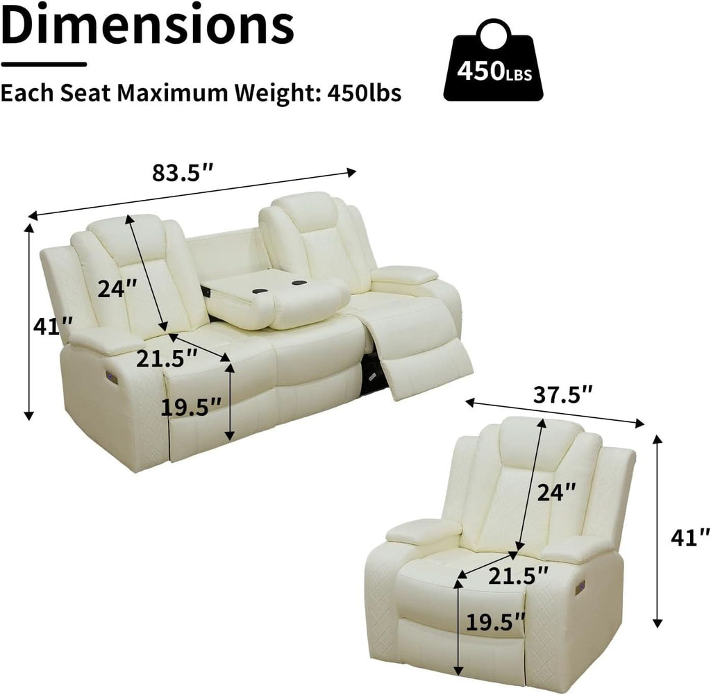 White Leather Power Reclining Sofa Set for Living Room