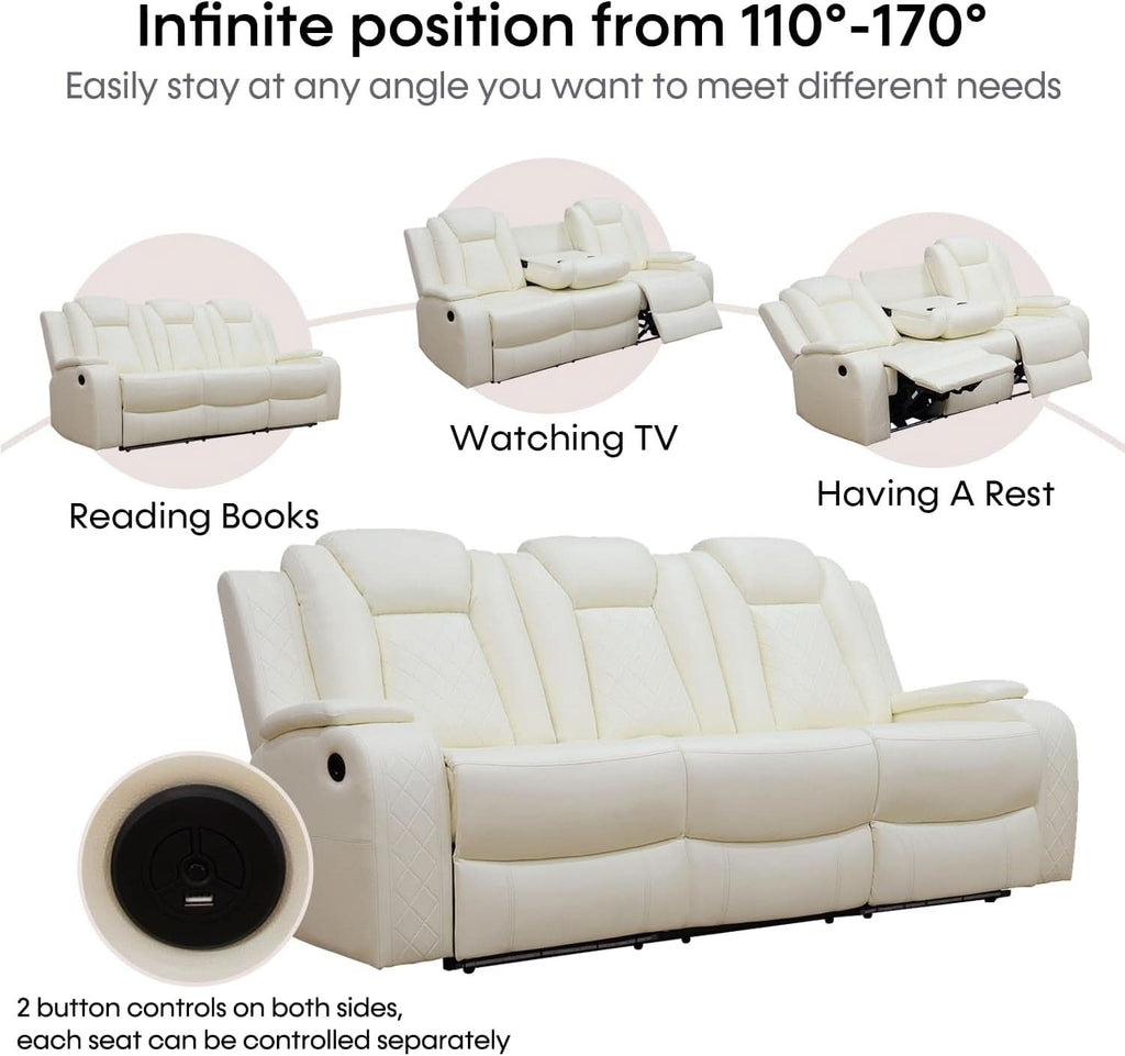 Power Recliner Sofa Set With LED Lights Creamy Finish