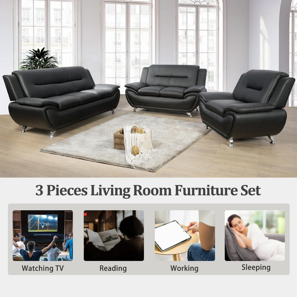 Faux Leather 3 Piece Modern Living Room Sofa Set Black