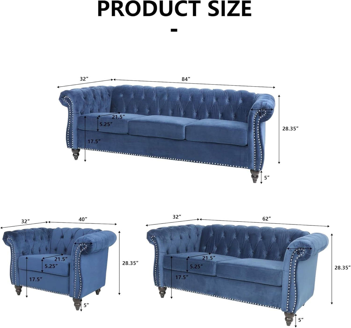 Three Piece Blue Velvet Chesterfield Sofa Set With Club Chair And Loveseat For Living Room