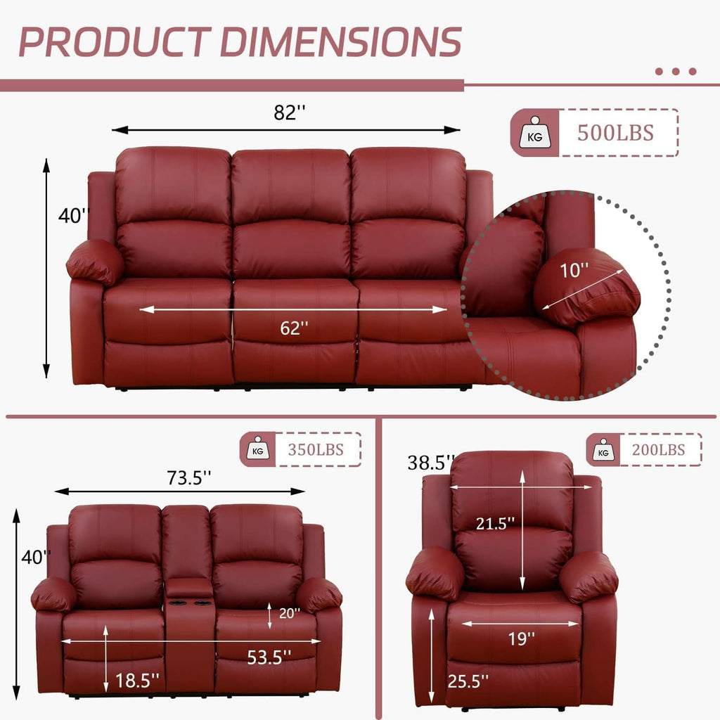 Manual Recliner Sofa Set Red Bonded Leather With Cup Holders