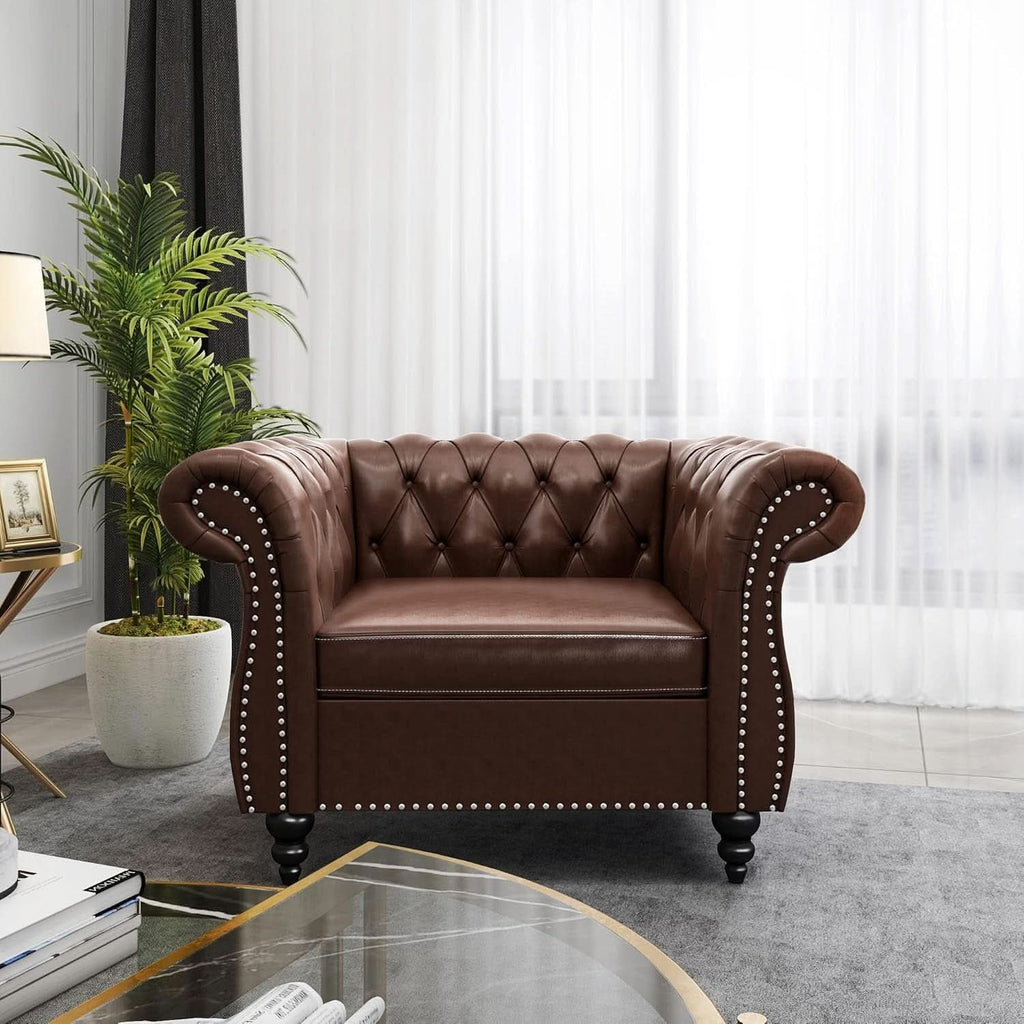 3 Piece Chesterfield Leather Living Room Set Sofa Loveseat Chair Dark Brown with Scroll Arms and Nailhead