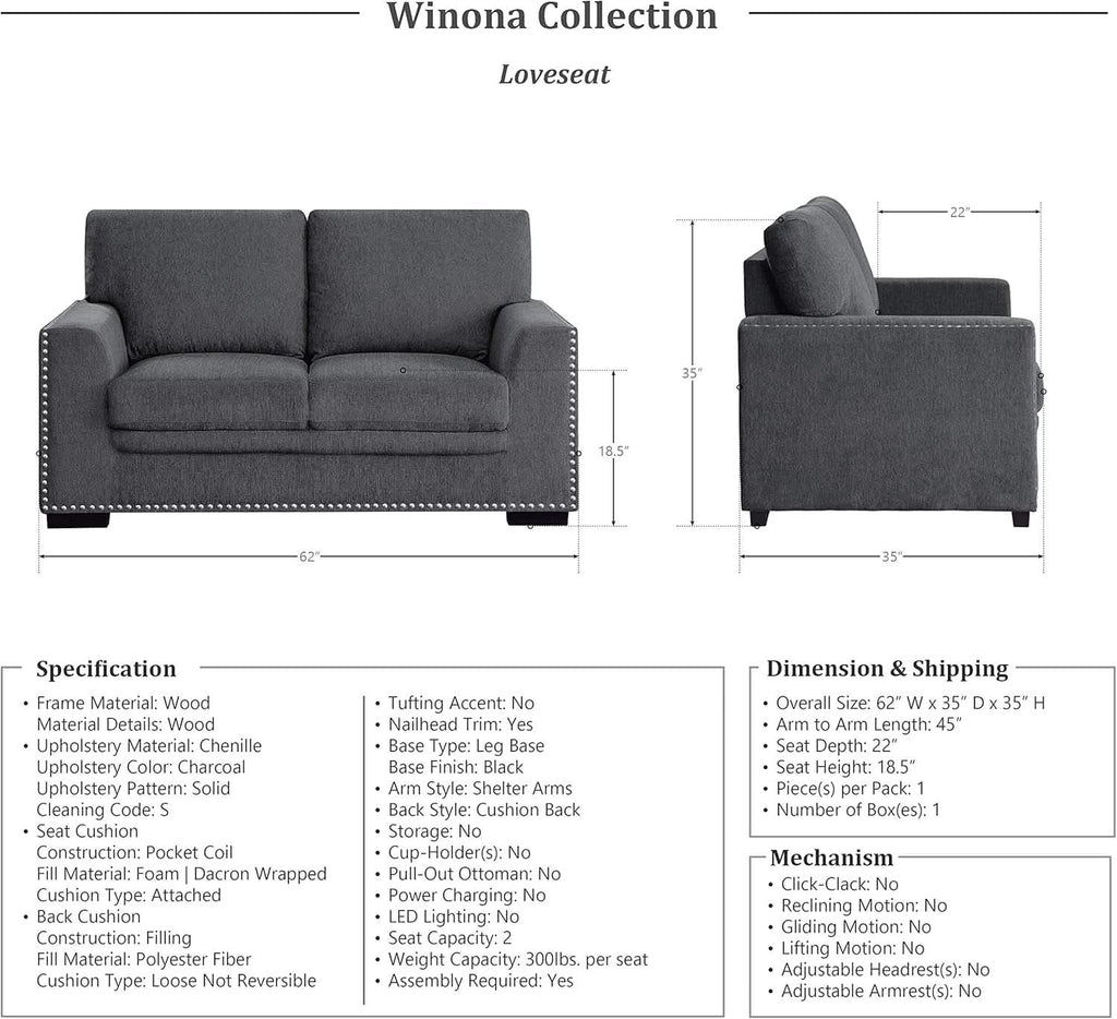 Charcoal 3 Piece Living Room Set With Chenille Upholstery