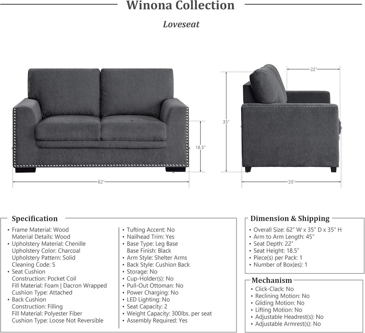 Charcoal 3 Piece Living Room Set With Chenille Upholstery