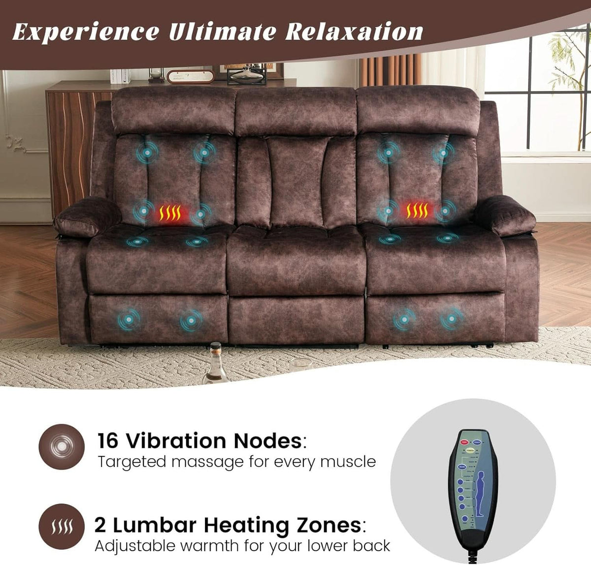 Power Reclining Sofa Set 3 Seat With Massage USB Ports