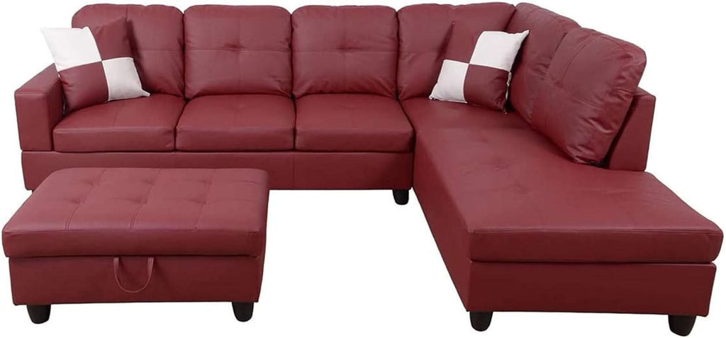 Sectional Sofa Faux Leather L Shaped 103.5 Inch Wide Red