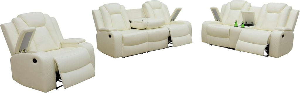 Power Recliner Set With LED Lights And USB Charging Ivory White