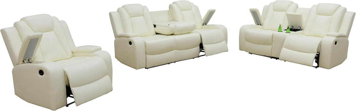 Power Recliner Set With LED Lights And USB Charging Ivory White