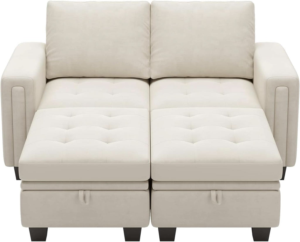 Beige Velvet Modular Sectional Sofa With Storage Sleeper
