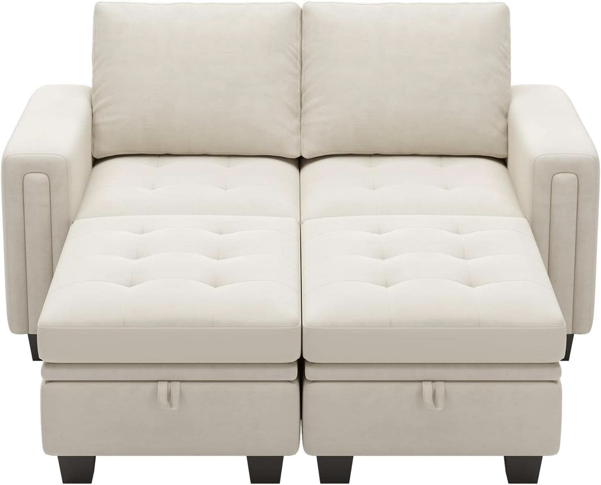 Beige Velvet Modular Sectional Sofa With Storage Sleeper