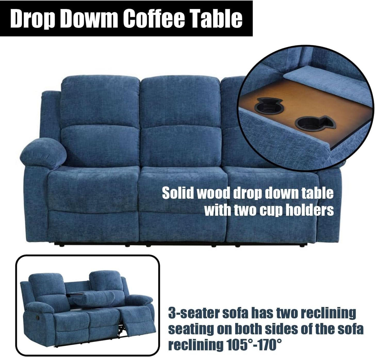 Blue Linen Recliner Sofa Set With Drop Down Table Storage