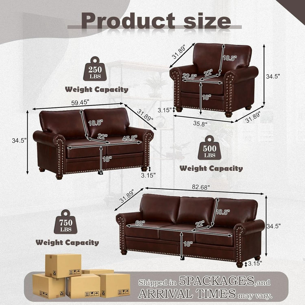3 Piece Faux Leather Sofa Set With Storage In Burgundy Mid Century Modern Living Room