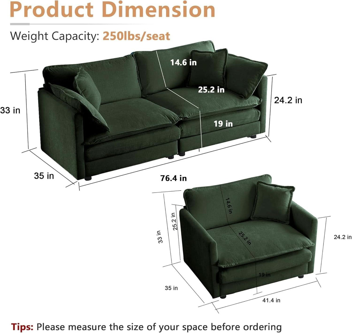 Two Piece Loveseat And Armchair Set In Evergreen Chenille
