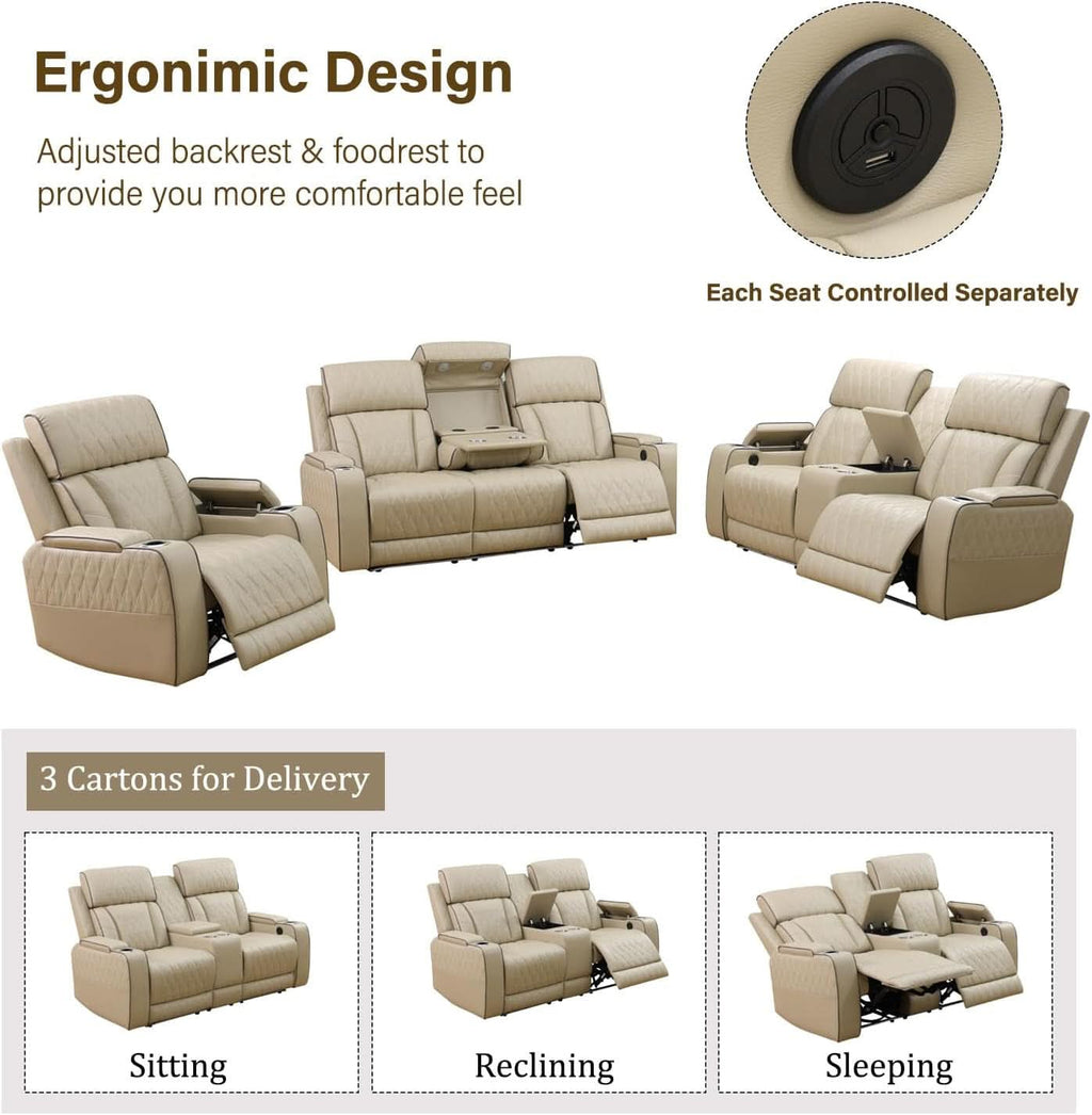 Power Reclining Leather Sofa Set With USB Ports Khaki