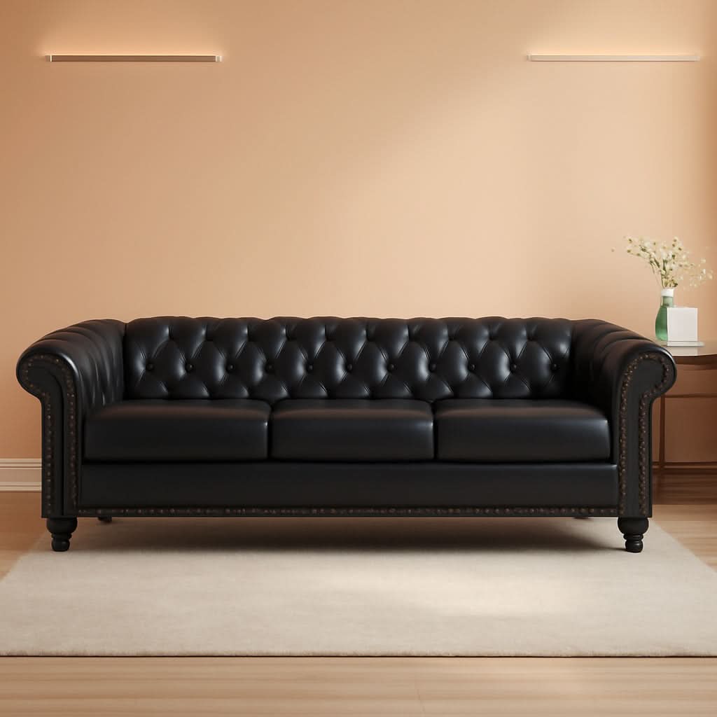 3 Seater PU Chesterfield Sofa Black Tufted Nailhead Trim