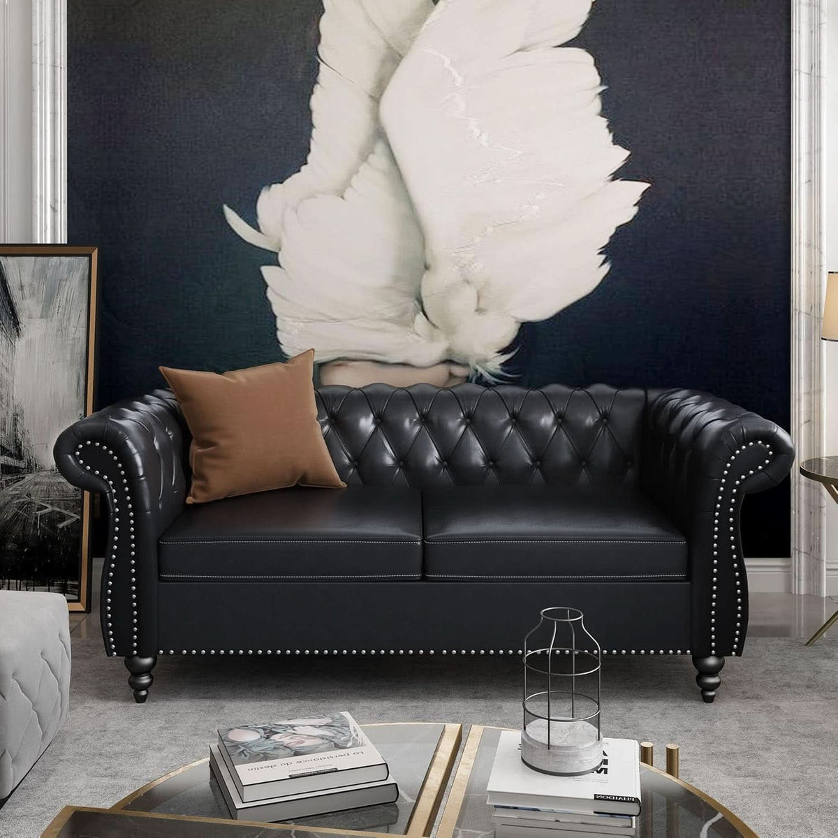 Two Piece Chesterfield Leather Living Room Set With Black Leather Loveseat And Chair