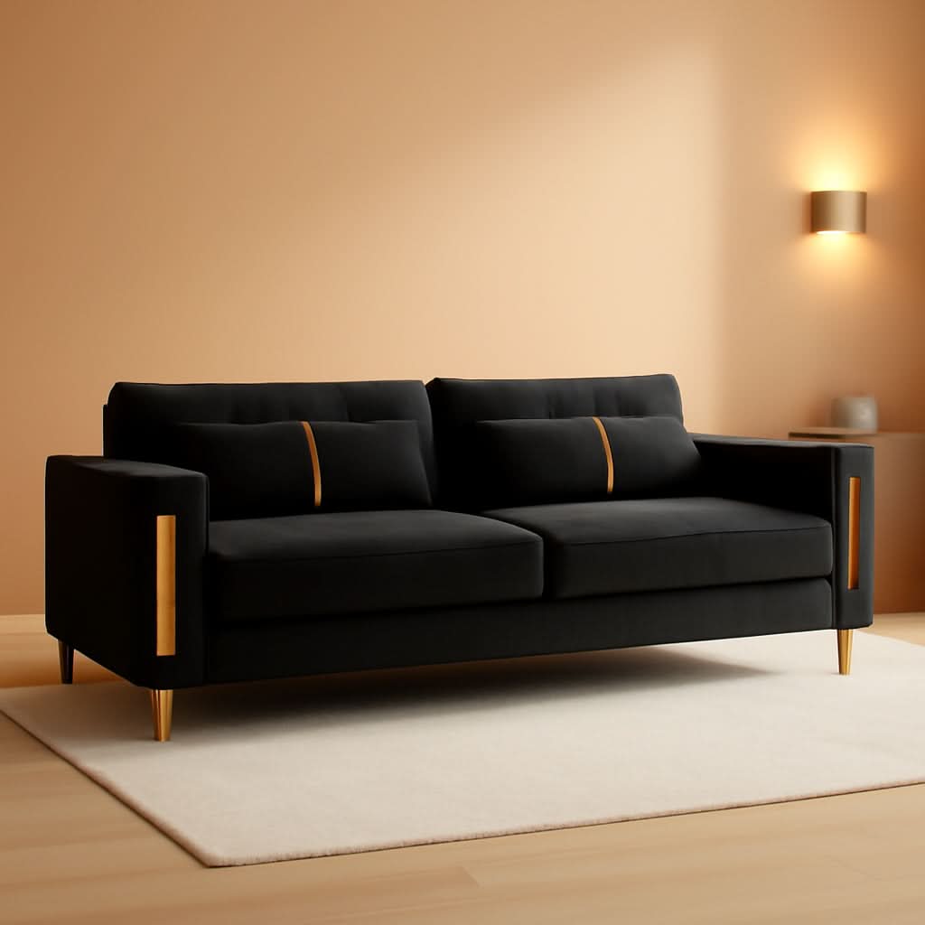 86-Inch Black Velvet Loveseat With Gold Metal Legs For Living Room