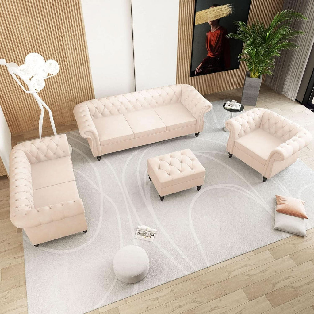 Beige Velvet Sectional Sofa Set With Button Tufting