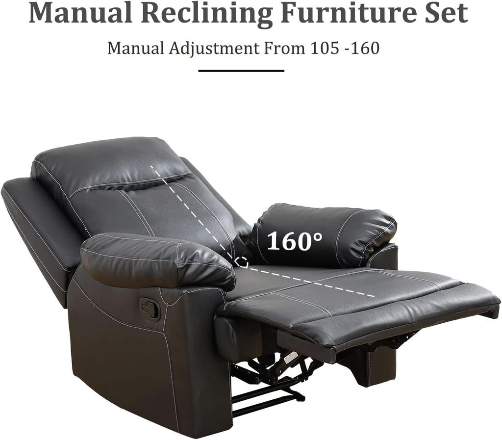 Manual Recliner Sofa Set Black Bonded Leather Cup Holders