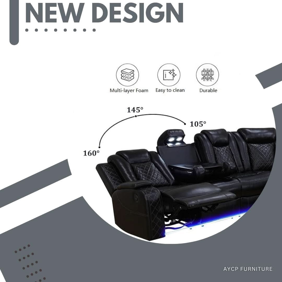 Power Recliner Sectional Sofa Black With LED Lights