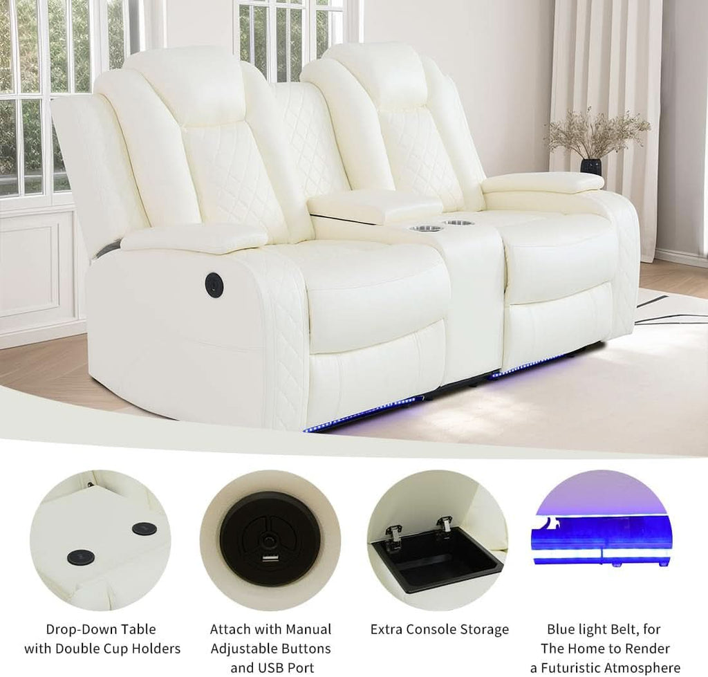 Living Room Set Leather Sofa Power Recliner Creamy White