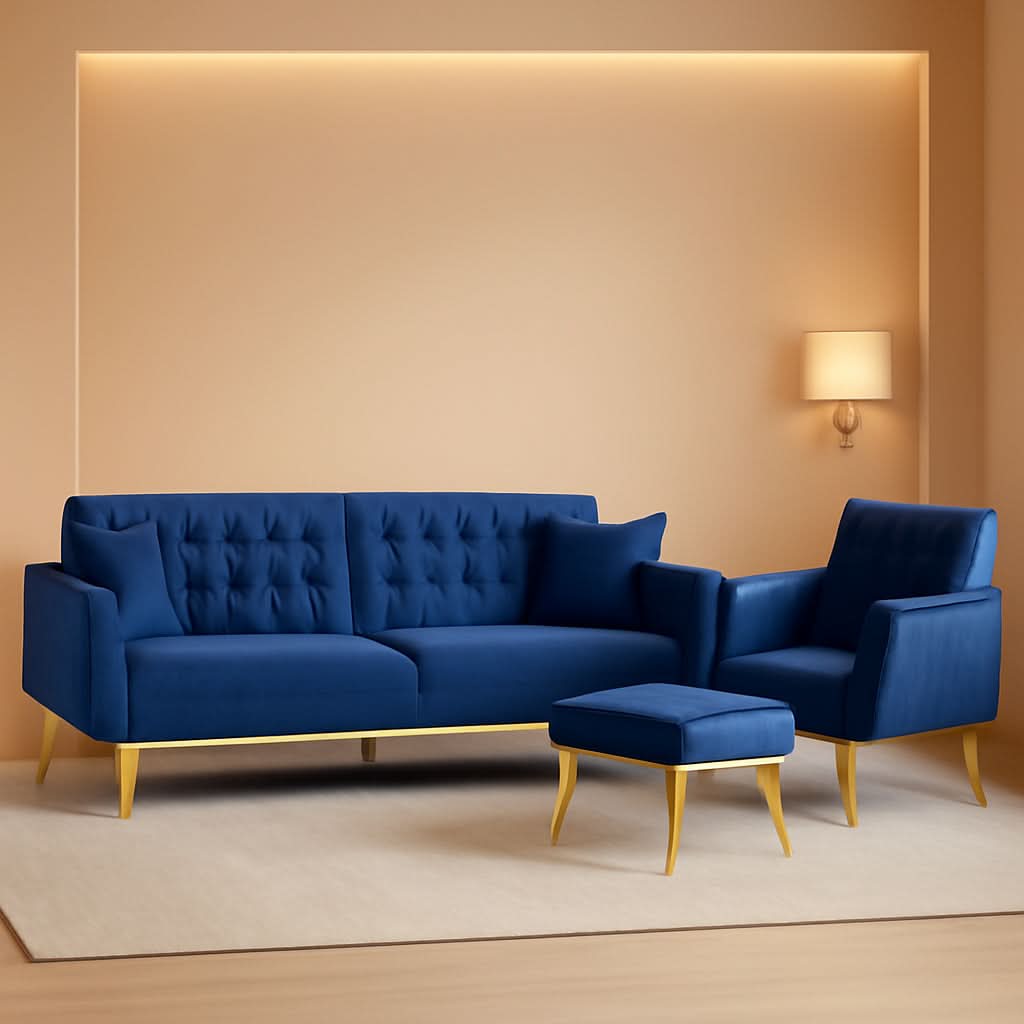 Velvet Futon Sofa Set Two Piece With Convertible Sofa Bed And Tufted Accent Chair In Blue
