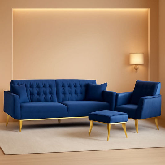 Velvet Futon Sofa Set Two Piece With Convertible Sofa Bed And Tufted Accent Chair In Blue