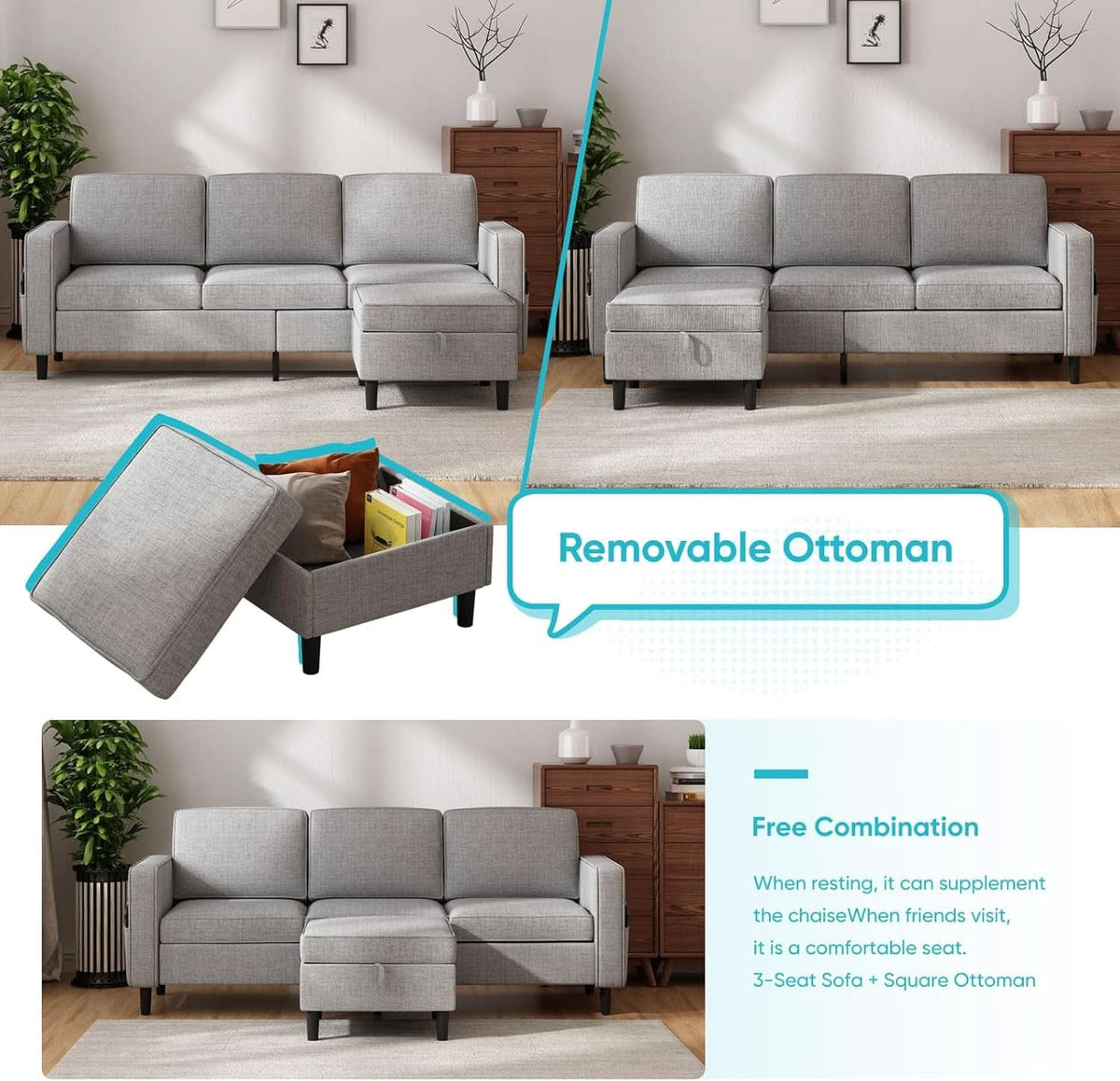 6 Seater Linen Fabric Sectional Sofa With Movable Storage Ottoman Light Grey