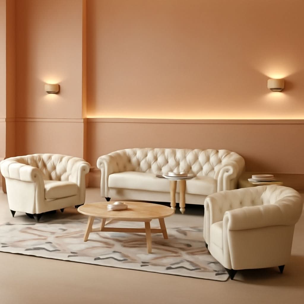 3 Piece Living Room Set Chesterfield Faux Leather Sofa Loveseat Chair White With Scroll Arms And Nailhead