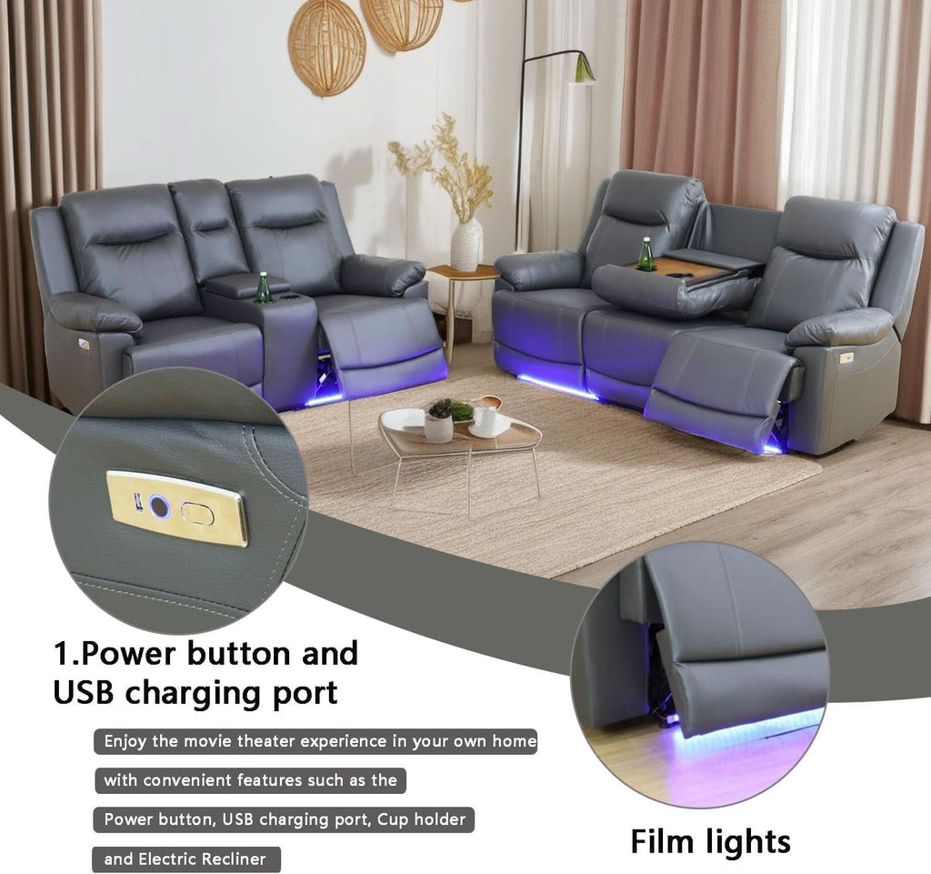 Power Leather Recliner Sofa Set Grey LED Lights Modern