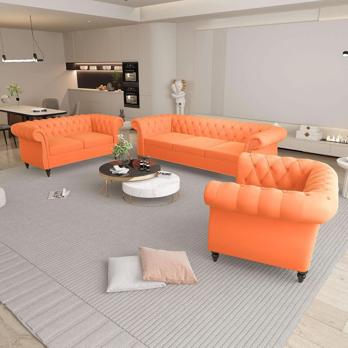 Three Piece Orange Sectional Sofa Set Tufted Living Room