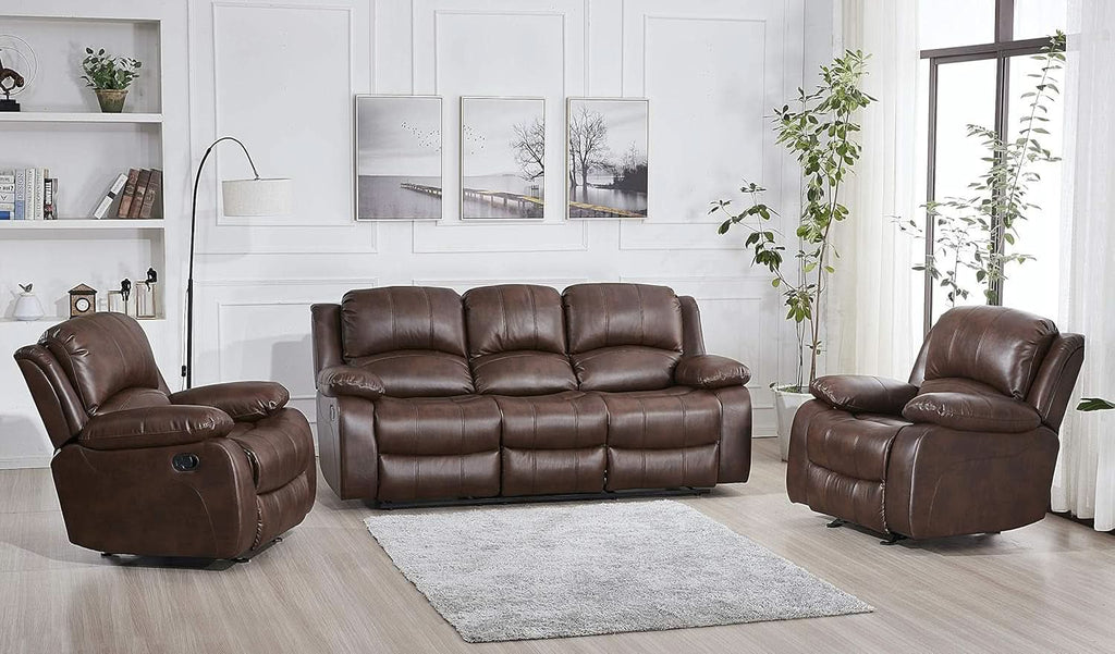 3 Piece Bonded Leather Reclining Sofa Set In Brown