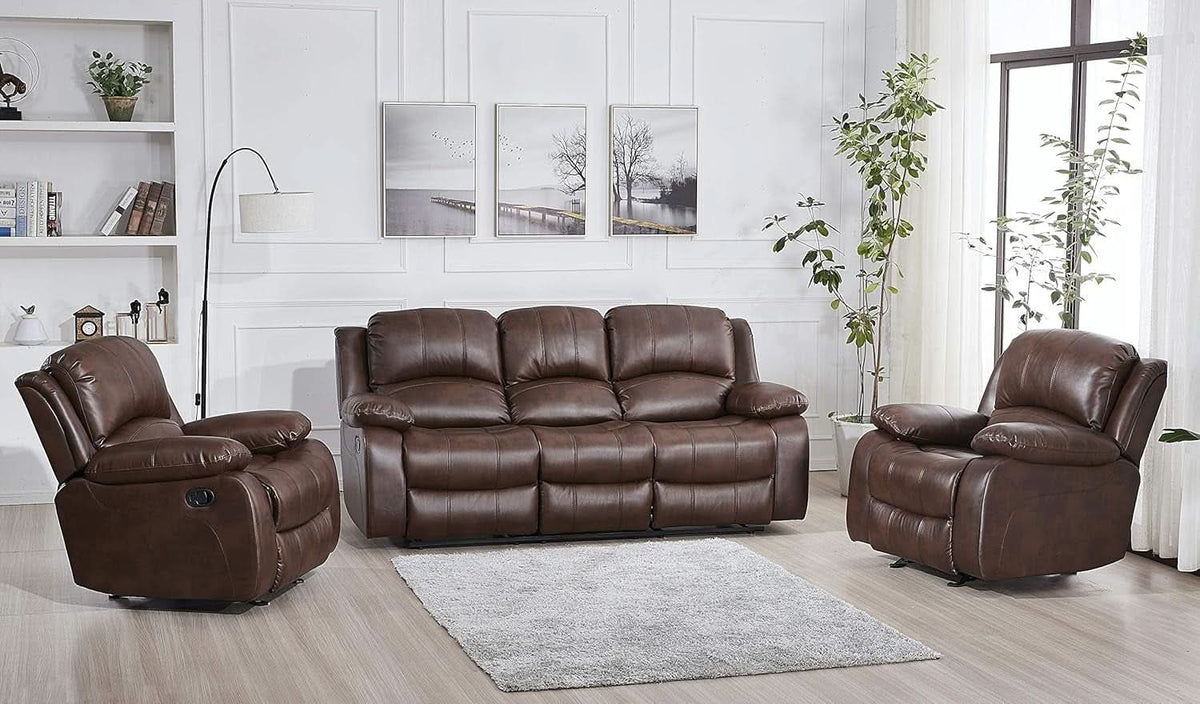 3 Piece Bonded Leather Reclining Sofa Set In Brown