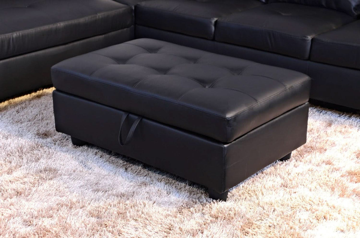 Black Faux Leather Sectional Sofa Set With Ottoman