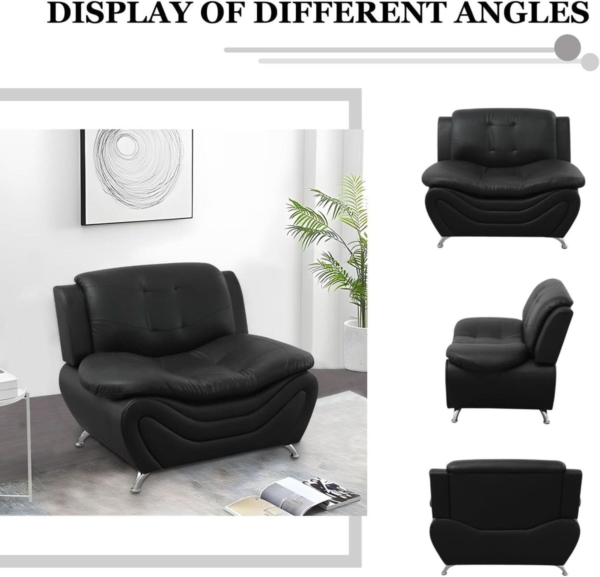 3 Piece Faux Leather Sofa Set For Living Room Black 3 Seater Sofa Loveseat Armchair