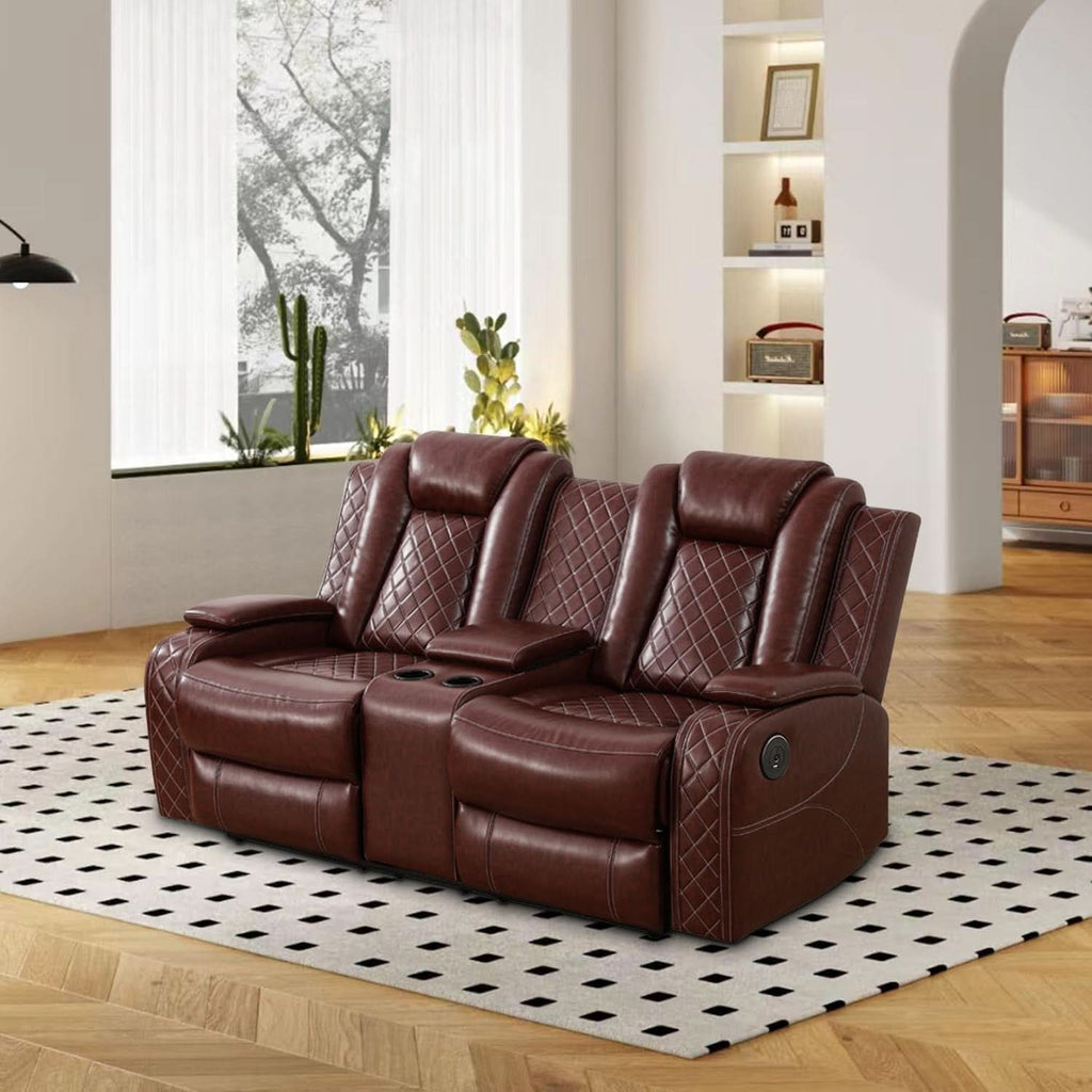 Power Reclining Leather Sofa Set With USB Ports Burgundy