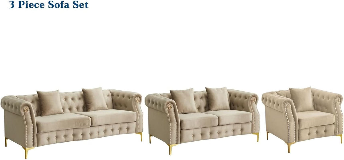 Three Piece Living Room Set Mid Century Sofa Armchair Loveseat Beige With Button Tufting And Nailhead Trim