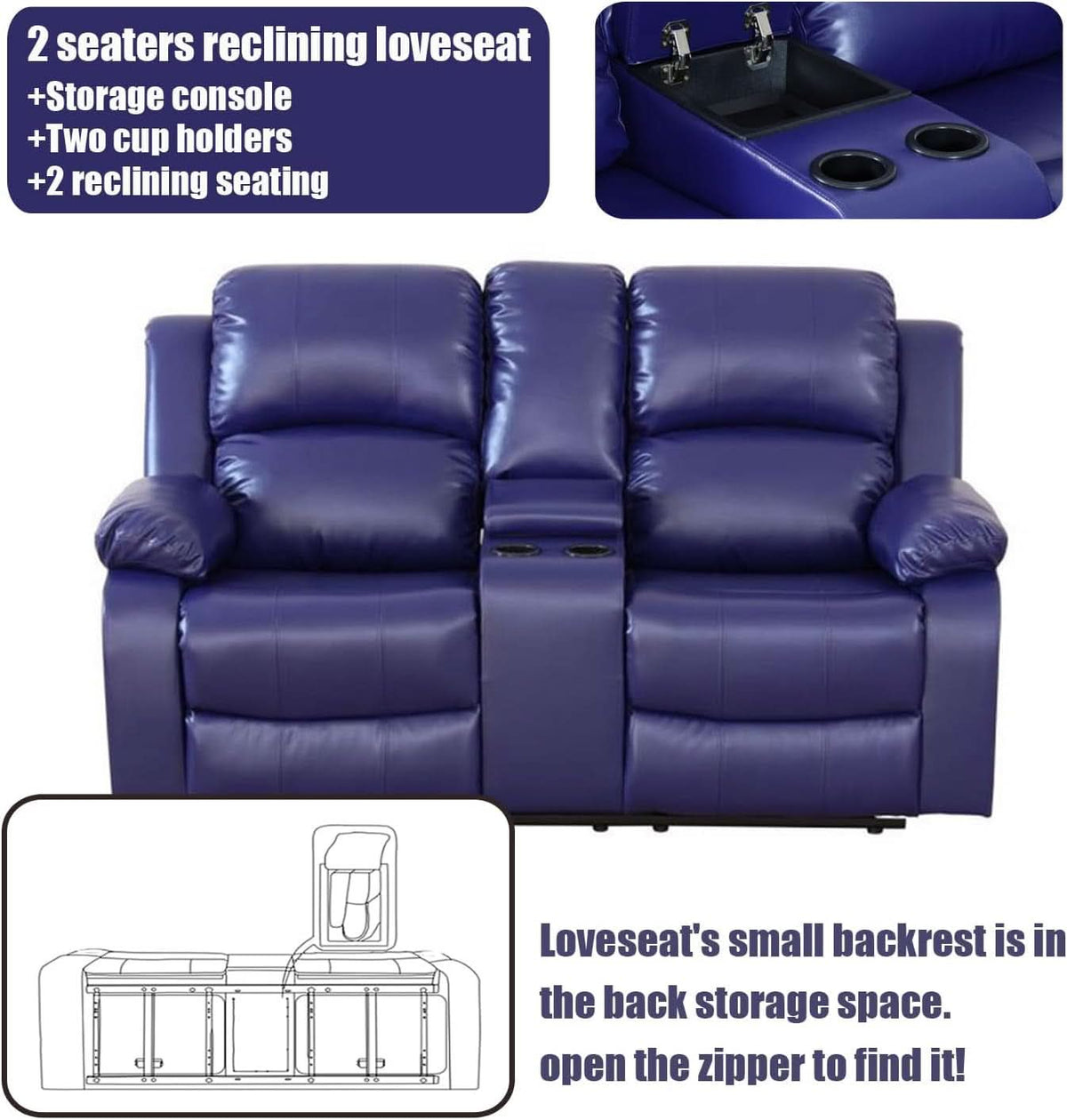 Blue Leather Reclining Sofa Set With Drop Table And Storage