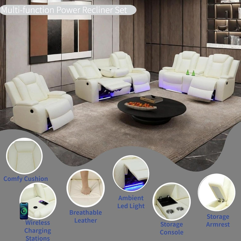 Power Recliner Set With LED Lights And USB Charging Ivory White