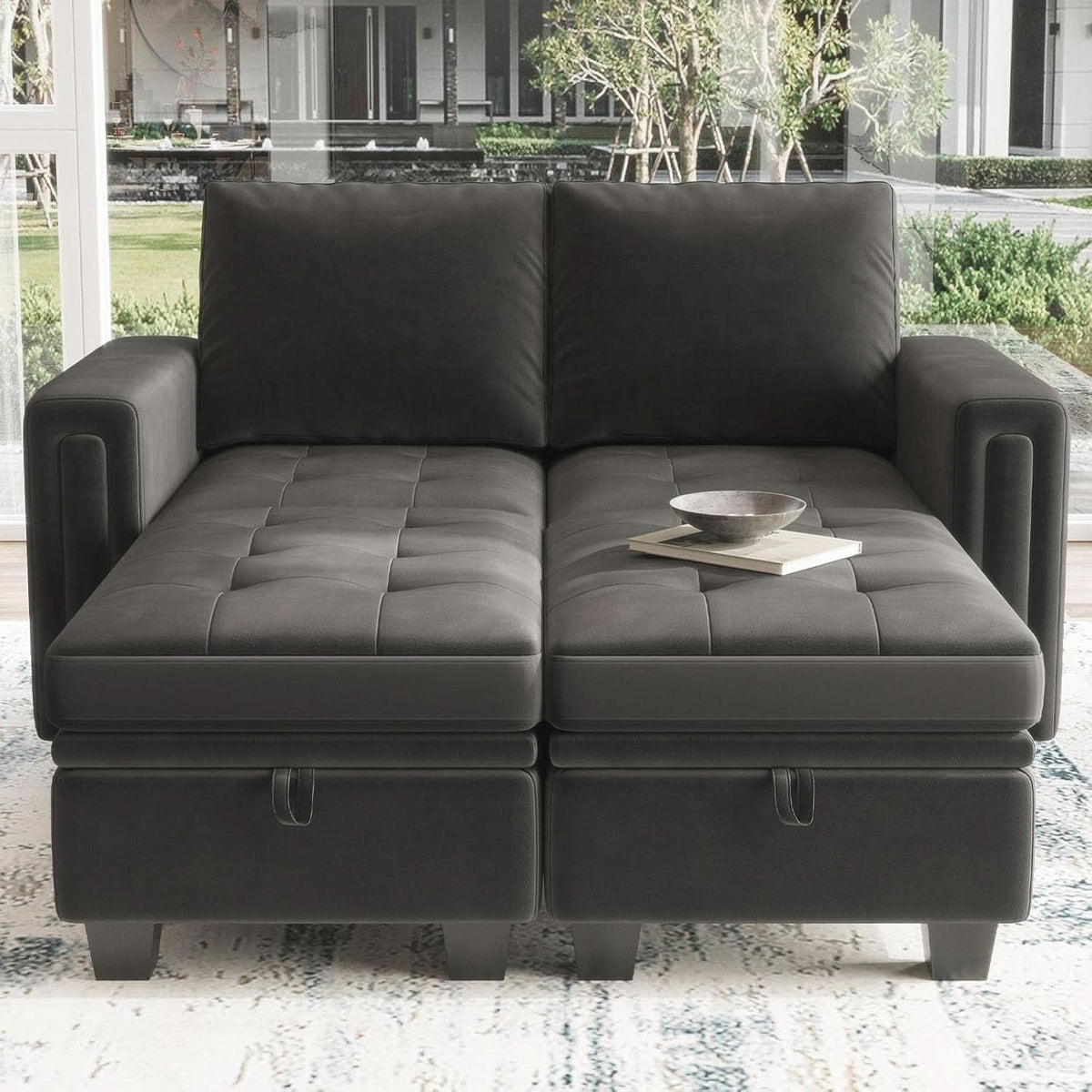 Grey Velvet Modular Sectional Sofa With Storage And Sleeper
