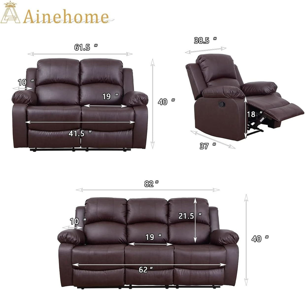 Brown Leather 3 Piece Recliner Sofa Living Room Set
