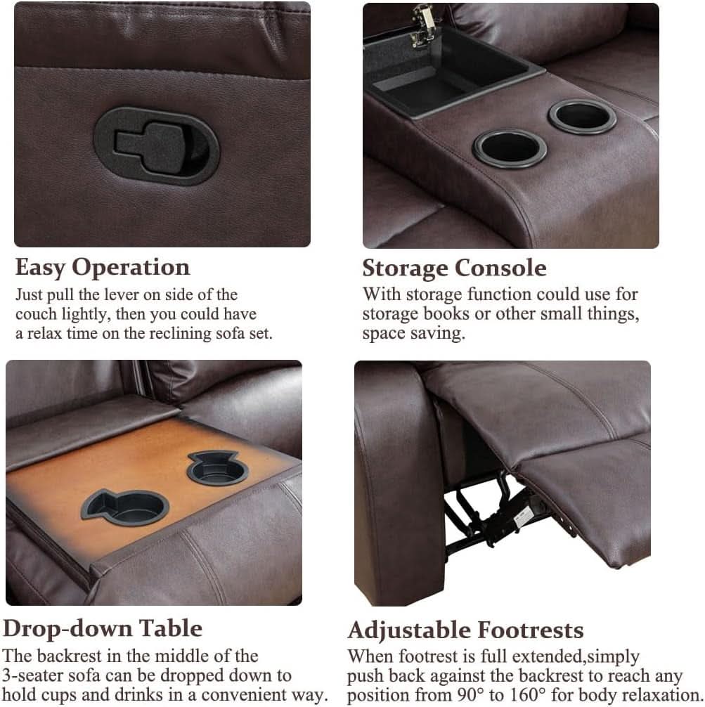 Brown 3 Piece Vegan Leather Recliner Sofa Set Cupholders