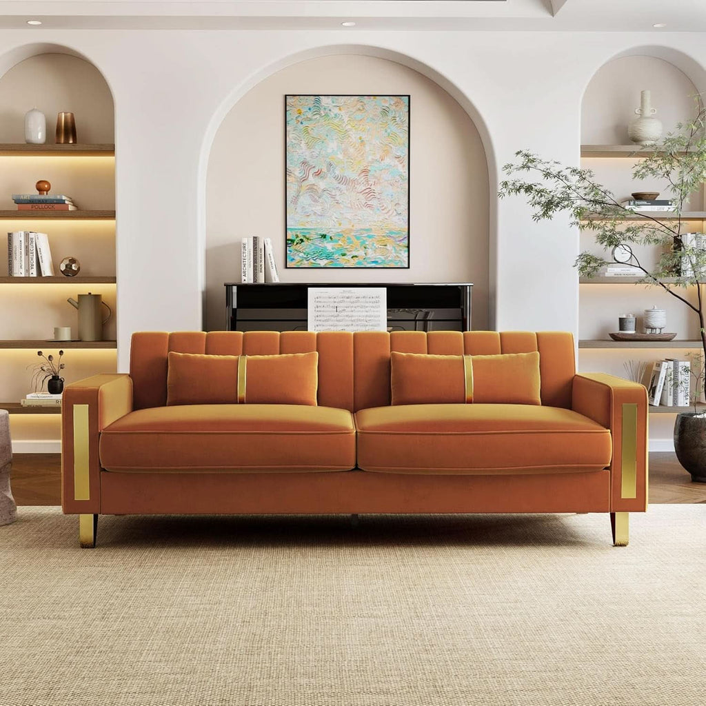 2 Piece Orange Velvet Loveseat Couch Set With Gold Metal Legs 86 Inch Living Room Sofa With 4 Pillows